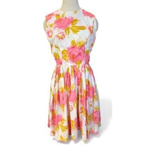 Vtg 50s 60s Fit & Flare Sleeveless Dress Sz Cream Pink Mustard Retro Miss Maisel